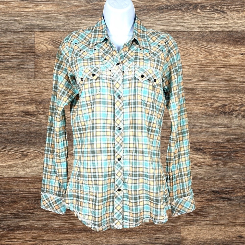Rock 47 Wrangler Pearl Snap Western Shirt Womens XS Embroidered Rhinestones